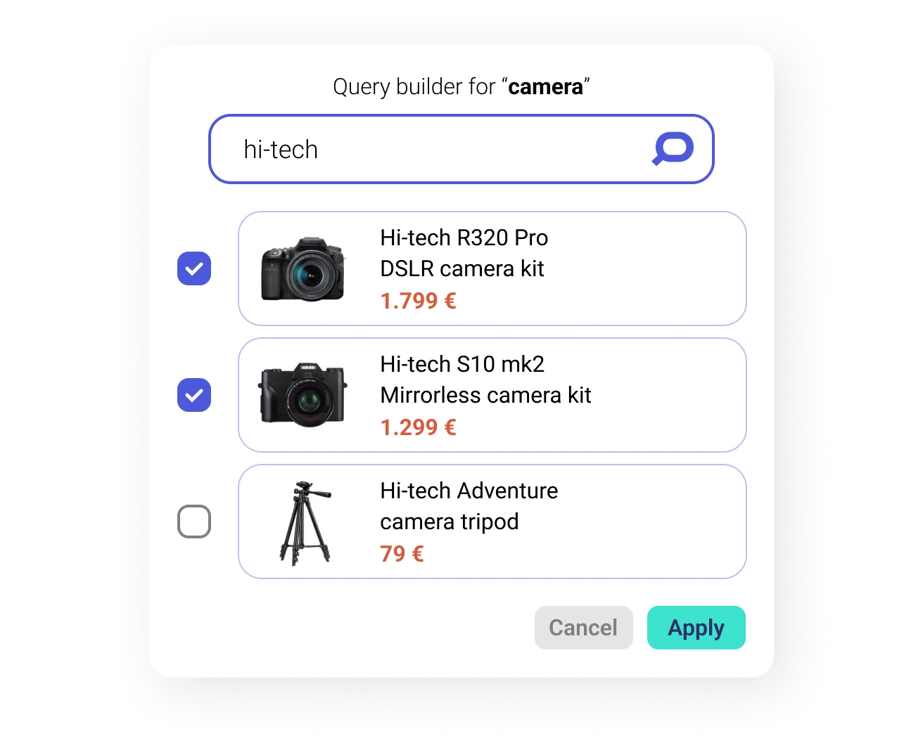 Visual Query Builder feature helps you create alternative search queries with filters and sorting options to select products you want to place at the top of the search results